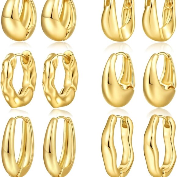 Jewelry - 6 Pairs Gold Hoop Earrings Set for Women, 14K Gold Plated Huggie Chunky Earring